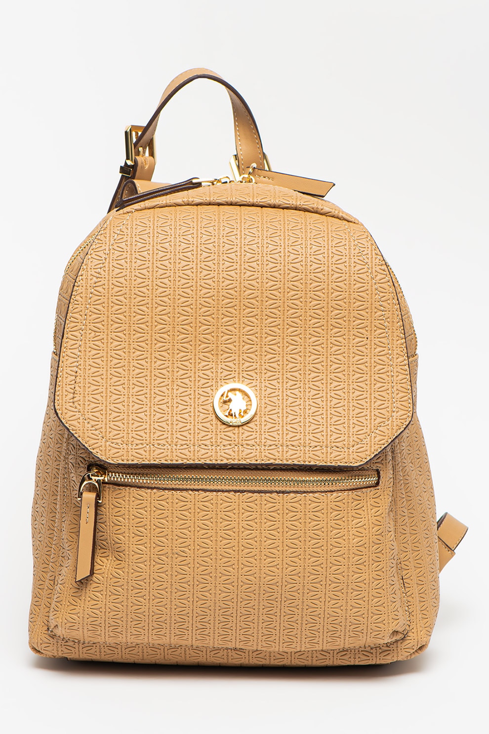 U.S. Polo Assn., Rucsac de piele ecologica cu buzunar exterior cu fermoar, Bej