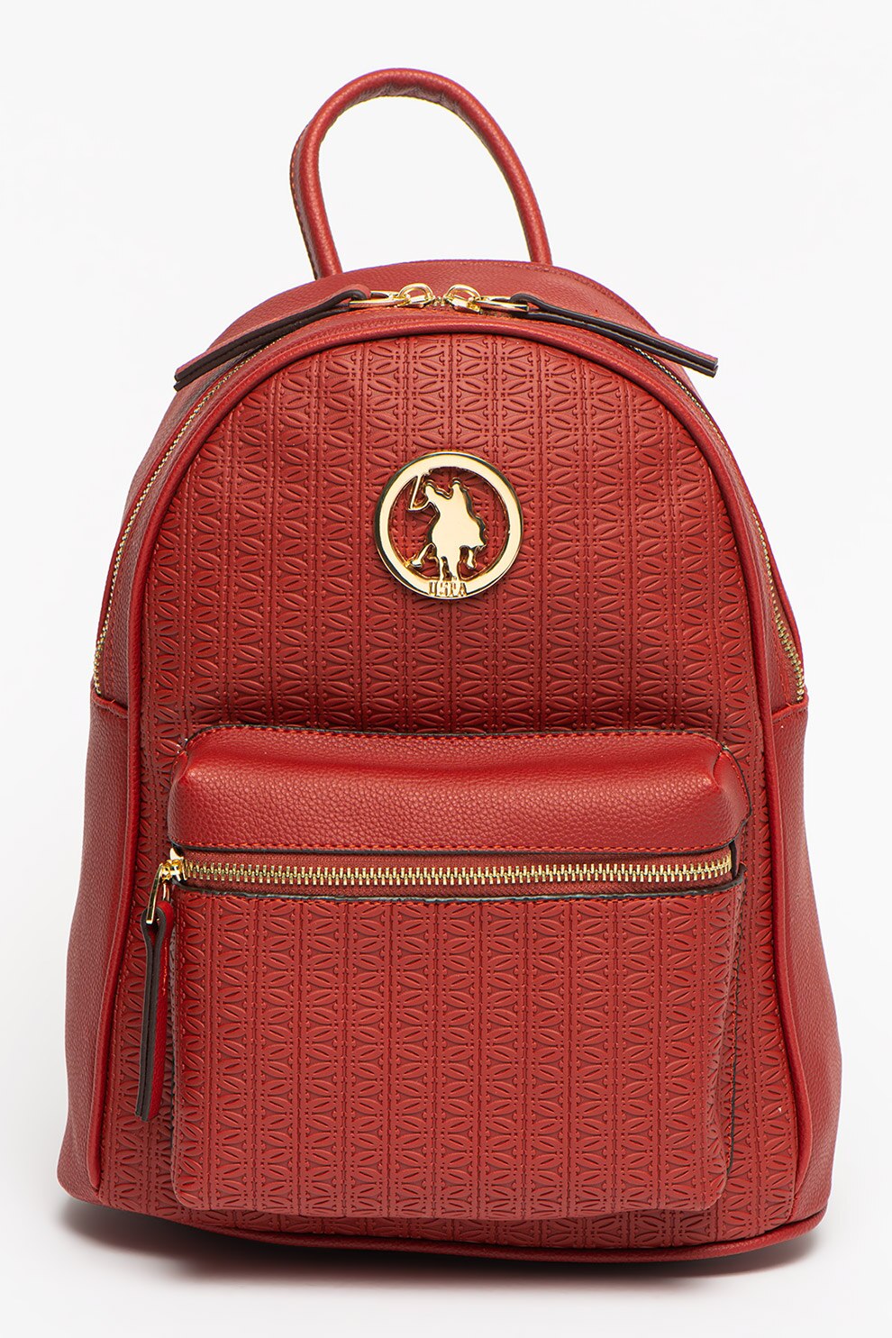 U.S. Polo Assn., Rucsac de piele ecologica cu buzunar exterior cu fermoar, Rosu inchis