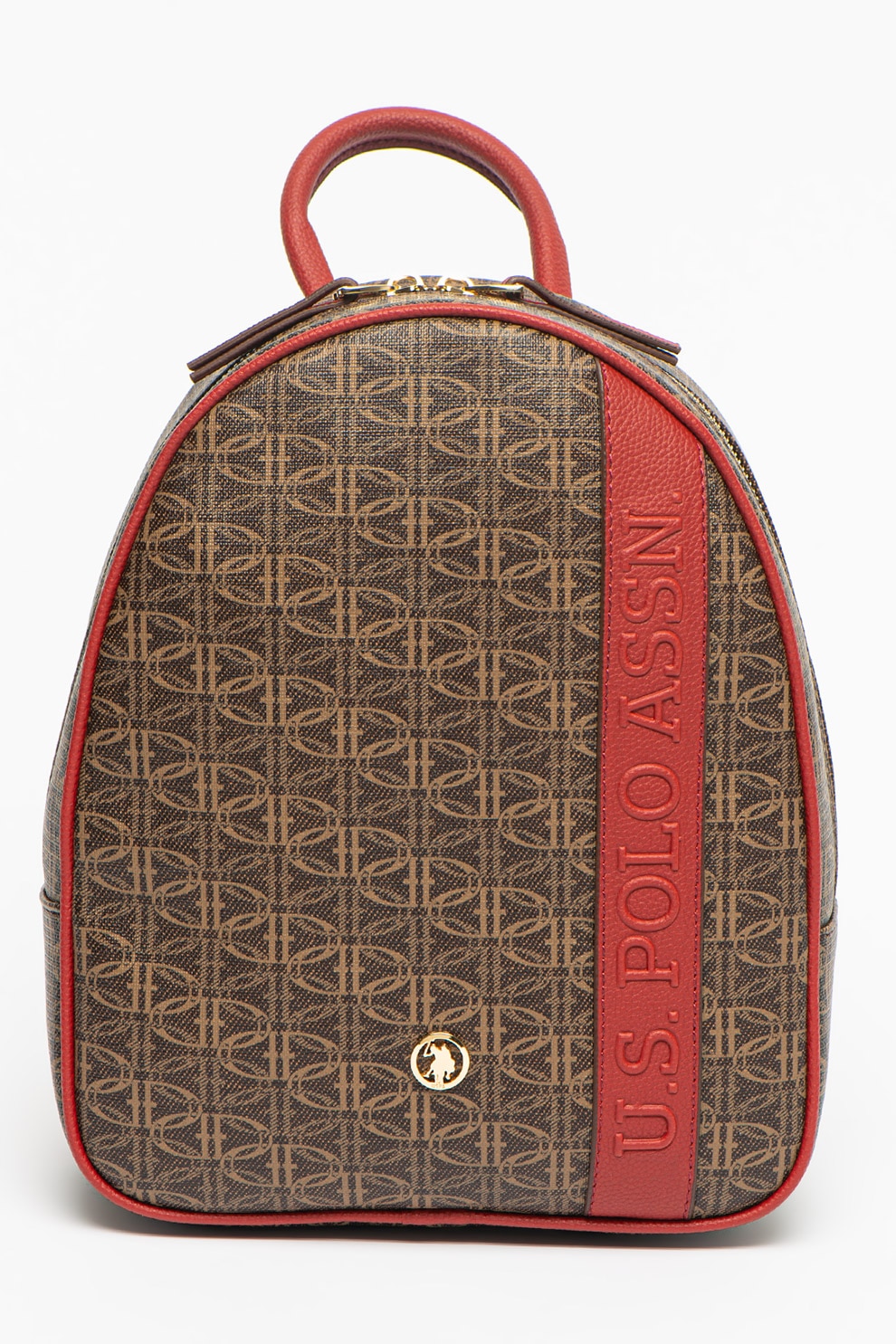 U.S. Polo Assn., Rucsac de piele ecologica cu imprimeu logo, Maro inchis/Rosu