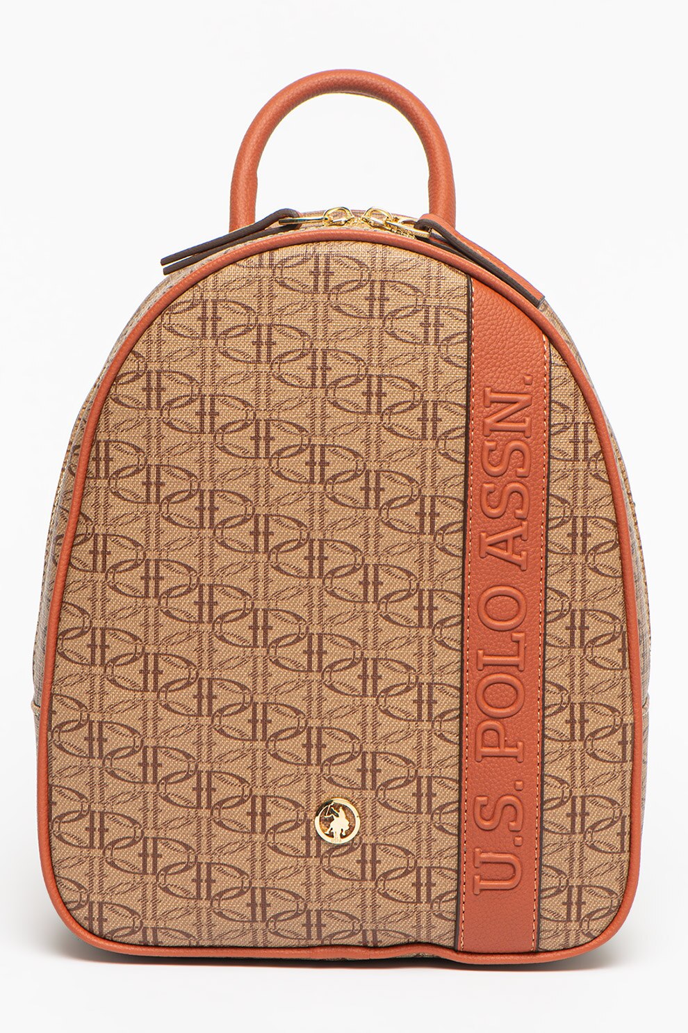 U.S. Polo Assn., Rucsac de piele ecologica cu imprimeu logo, Maro camel/Rosu