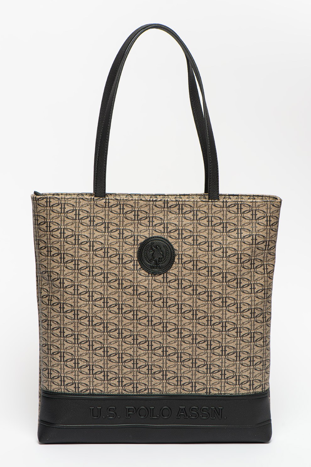 U.S. Polo Assn., Geanta tote de piele ecologica cu imprimeu logo, Maro taupe/Negru