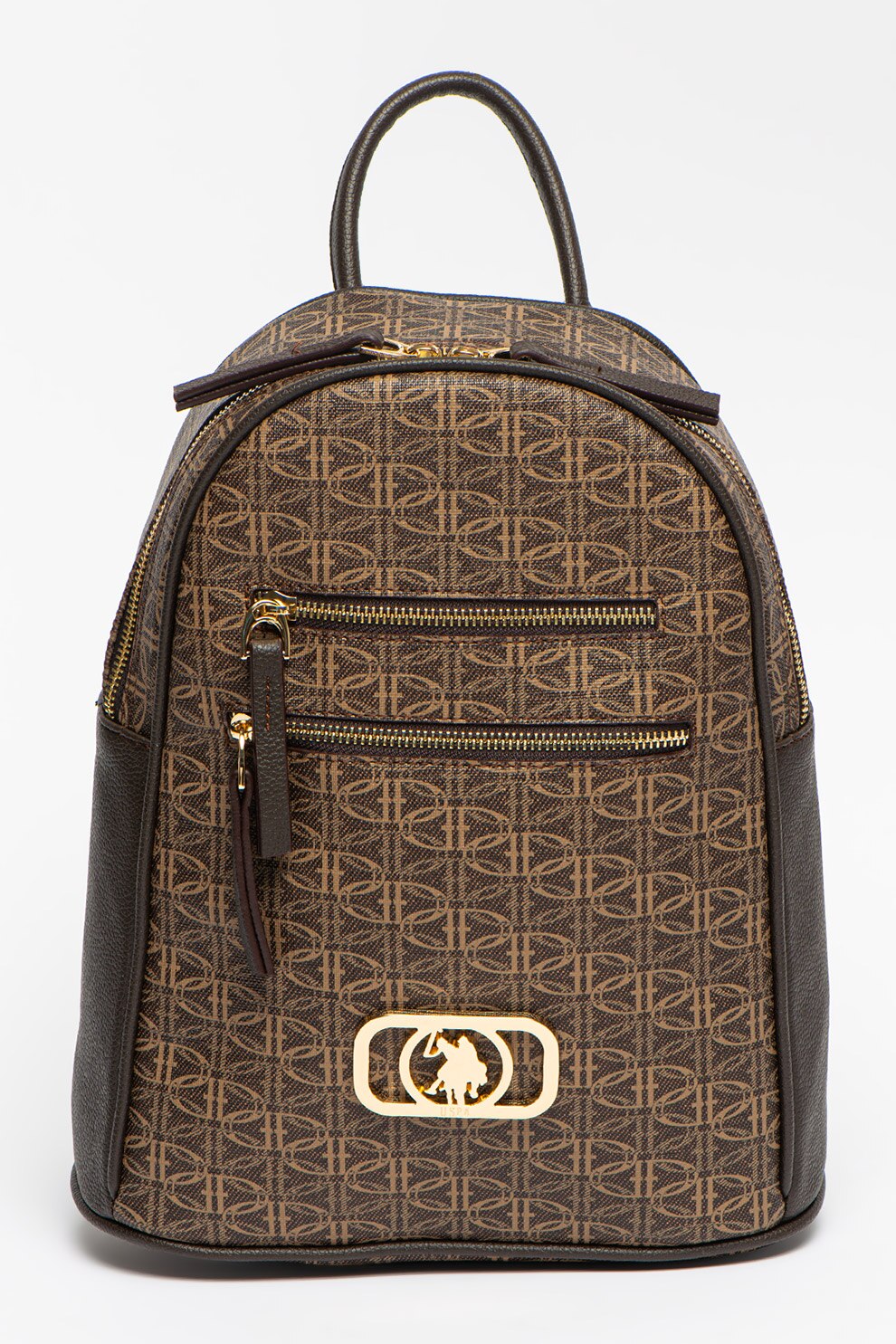 U.S. Polo Assn., Rucsac cu model si garnituri de piele ecologica, Maro