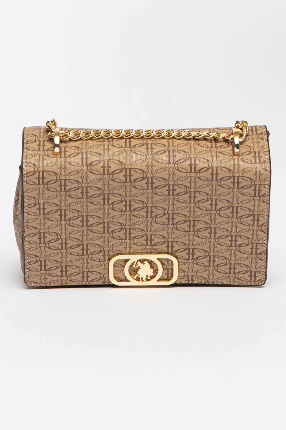 U.S. Polo Assn., Geanta de umar cu model si bareta de lant, Bej/Maro taupe