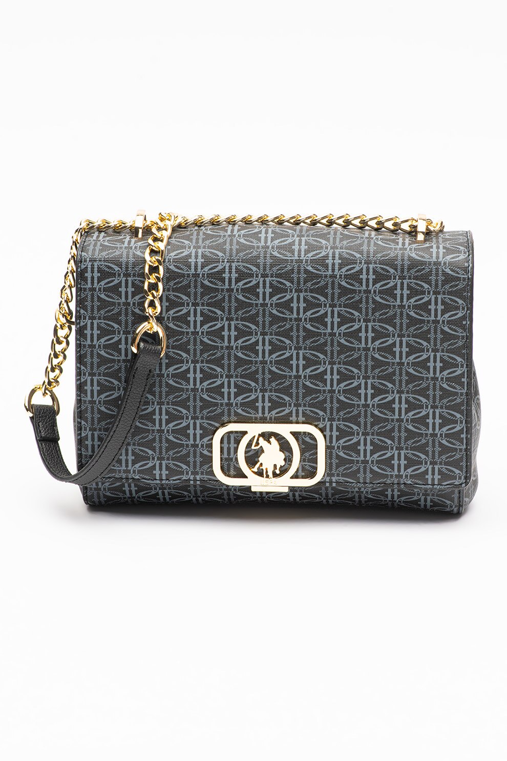 U.S. Polo Assn., Geanta de umar cu model si bareta de lant, Negru