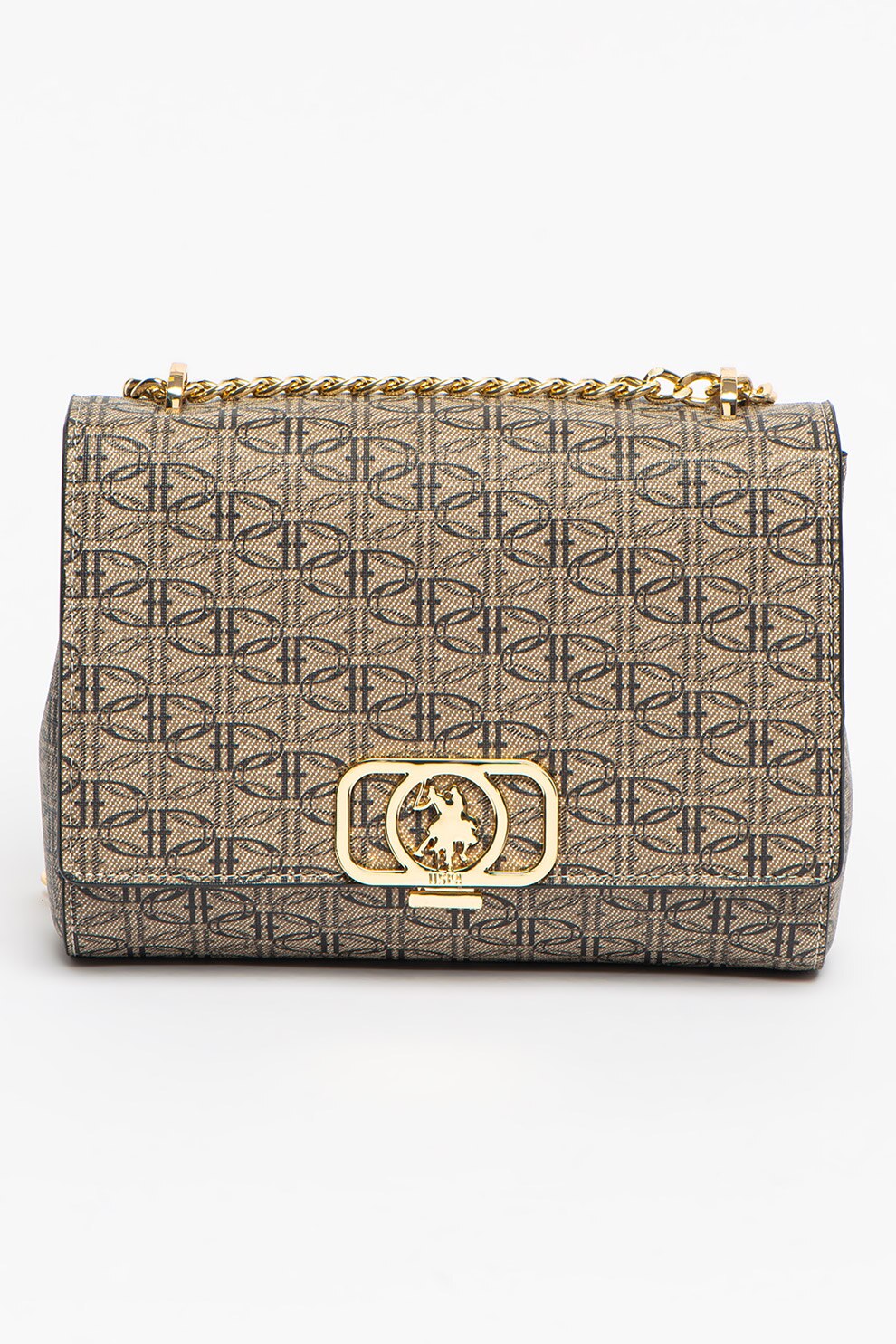 U.S. Polo Assn., Geanta de umar cu model si bareta de lant, Maro taupe/Negru