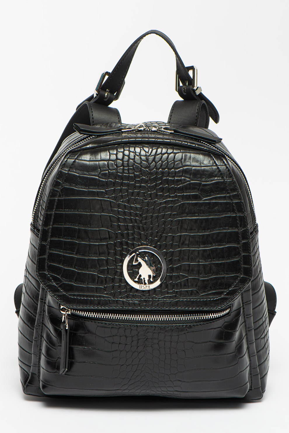 U.S. Polo Assn., Rucsac de piele ecologica cu aspect de piele de crocodil, Negru