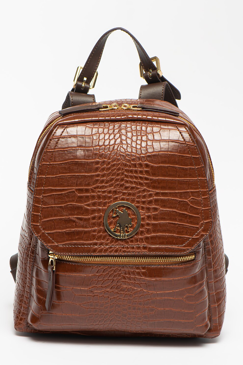 U.S. Polo Assn., Rucsac de piele ecologica cu aspect de piele de crocodil, Maro inchis