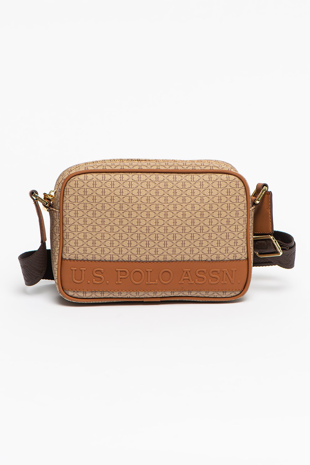 U.S. Polo Assn., Geanta crossbody de piele ecologica cu model, Bej/Maro caramel