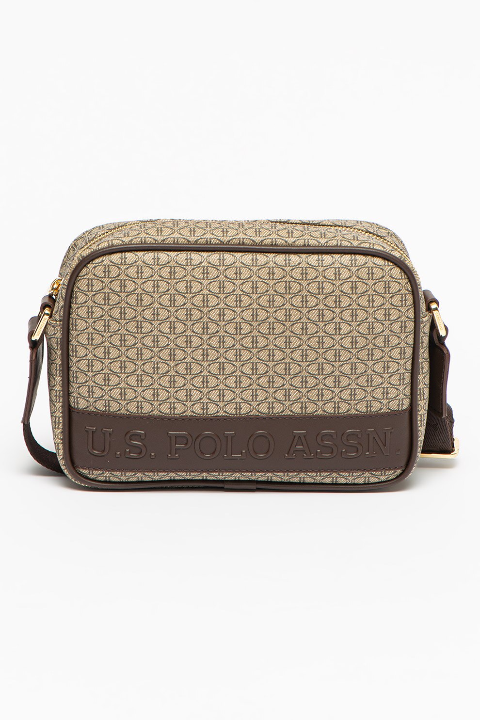 U.S. Polo Assn., Geanta crossbody de piele ecologica cu model, Maro taupe/Maro inchis