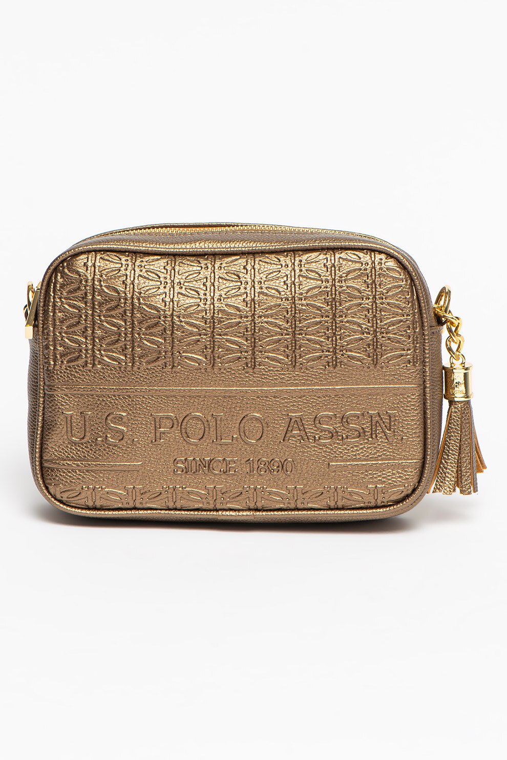 U.S. Polo Assn., Geanta crossbody de piele ecologica cu canaf, Maro bronz