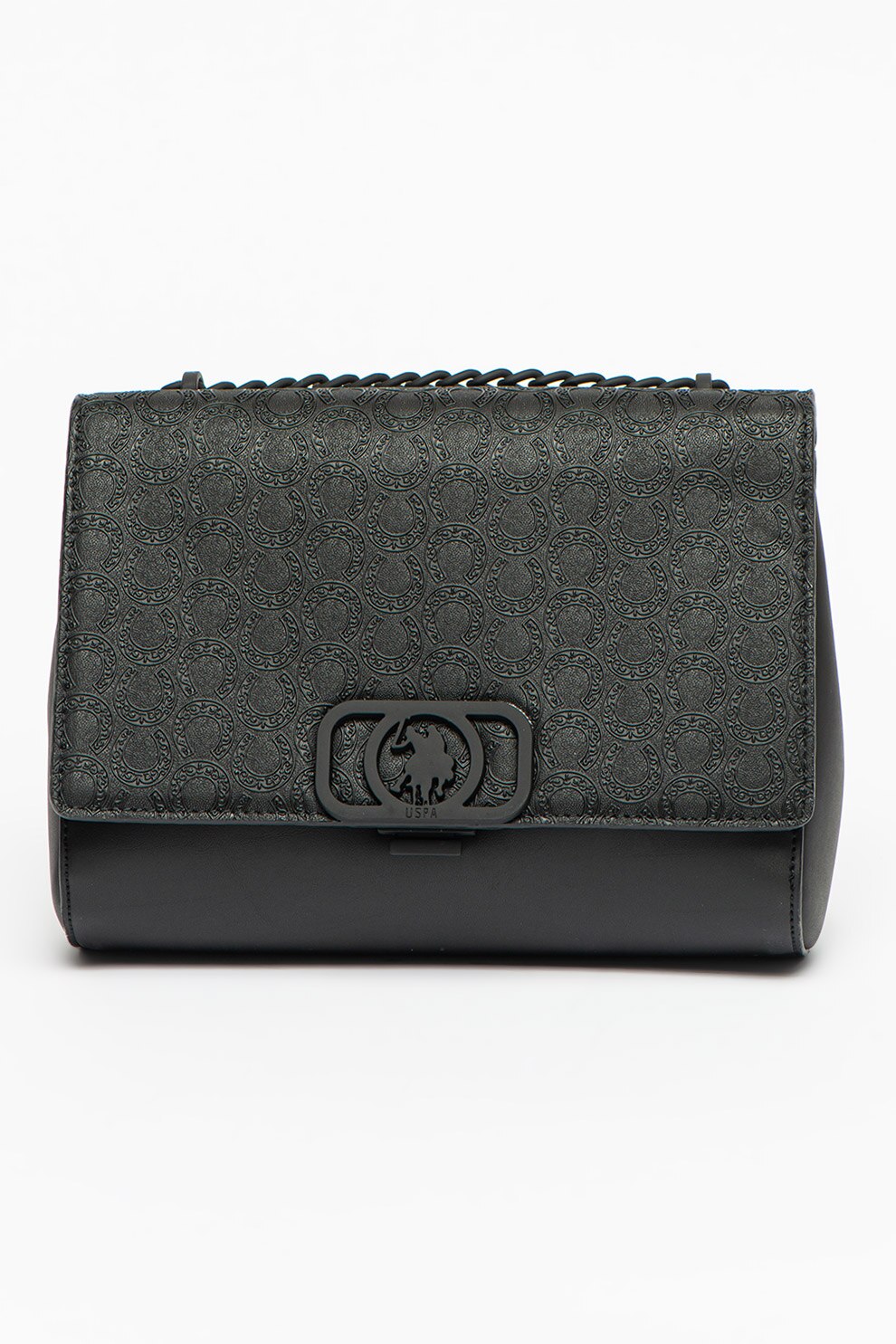 U.S. Polo Assn., Geanta crossbody de piele ecologica cu bareta din lant, Negru