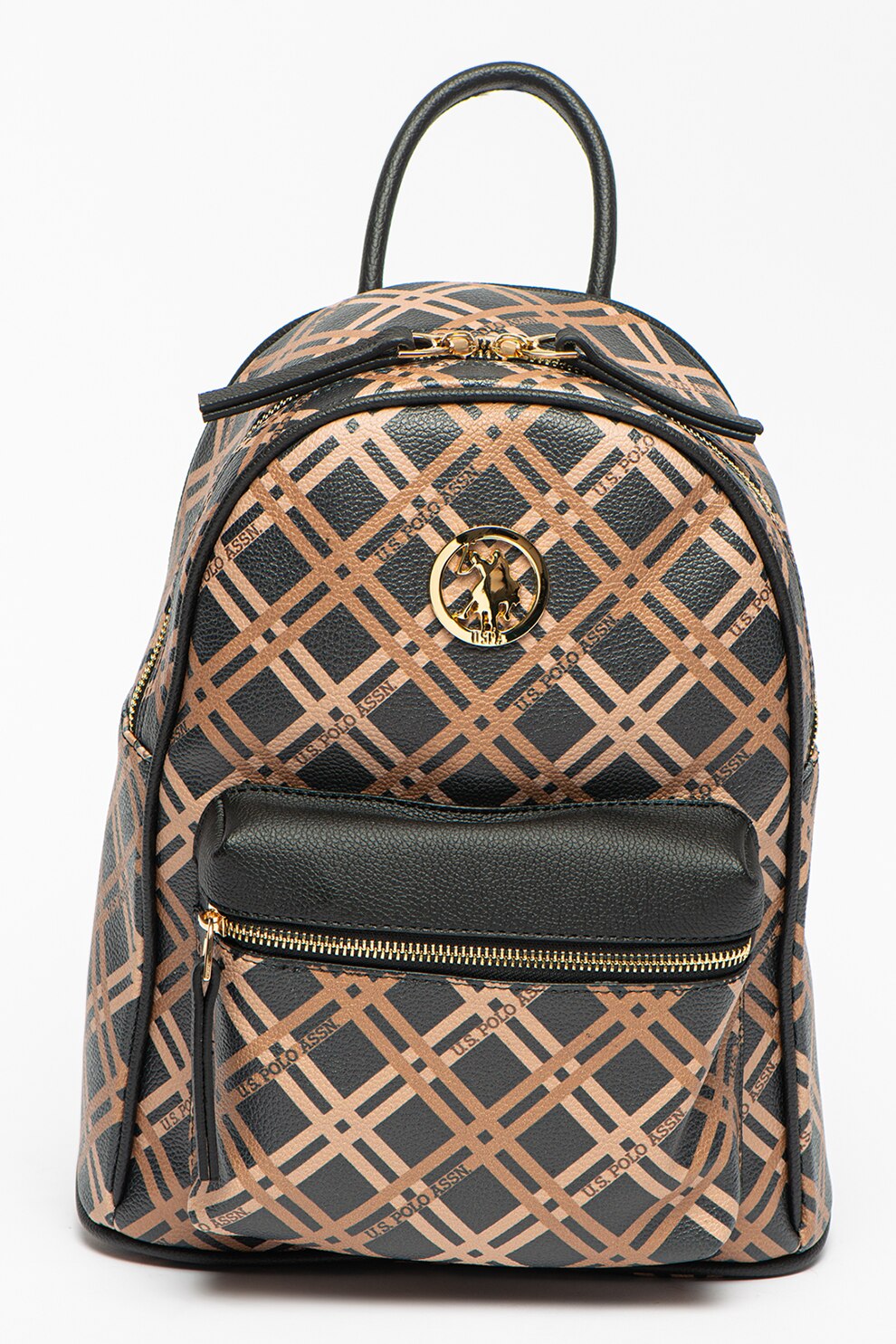 U.S. Polo Assn., Rucsac de piele ecologica cu model logo, Negru/Maro