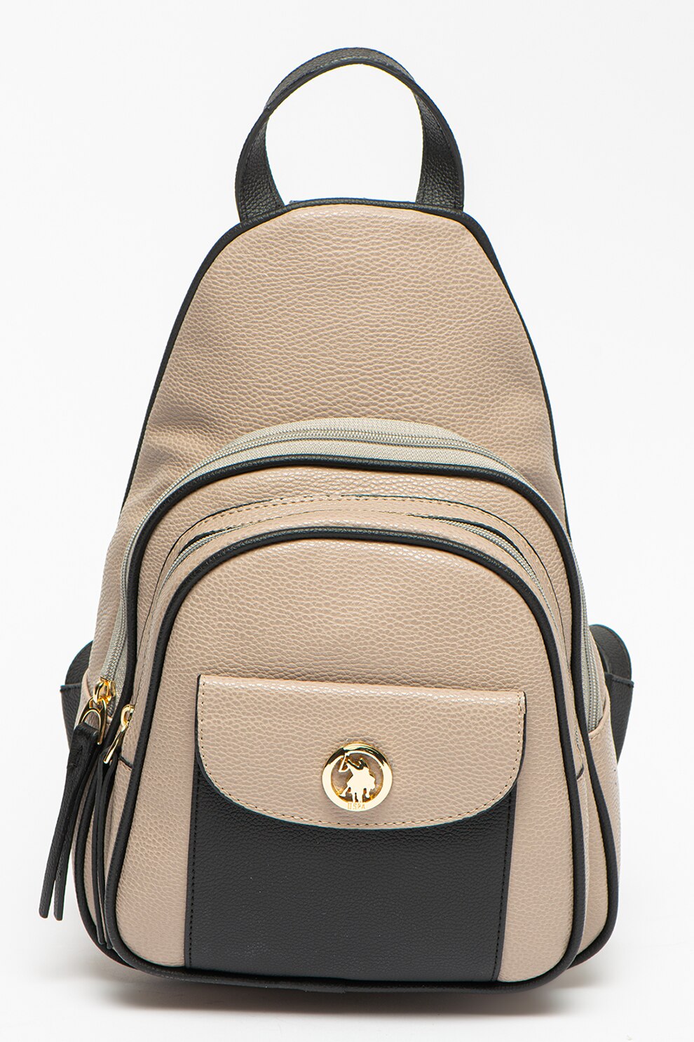 U.S. Polo Assn., Rucsac de piele ecologica cu buzunar frontal, Grej/Negru