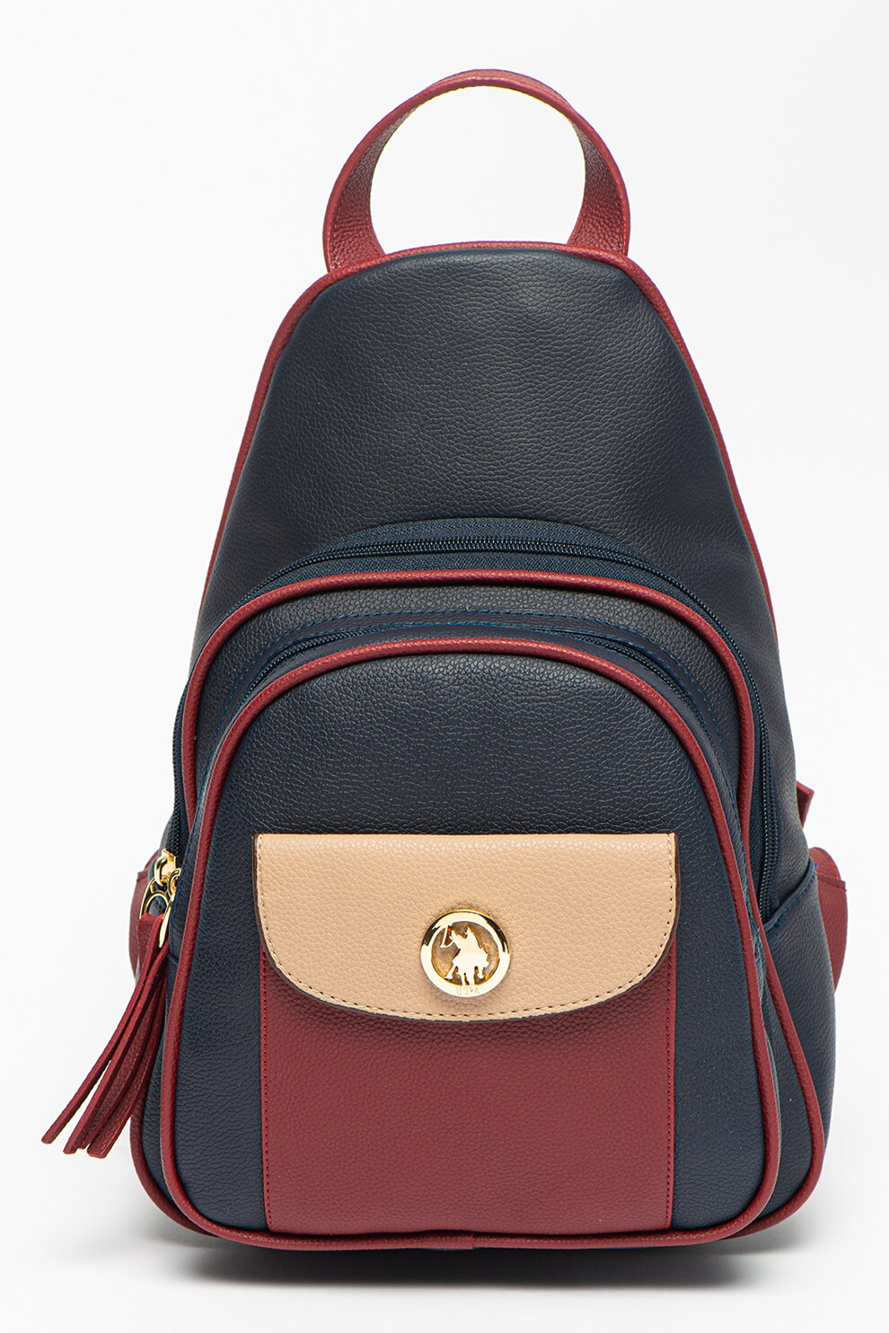 U.S. Polo Assn., Rucsac de piele ecologica cu buzunar frontal, bleumarin, rosu Bordeaux, bej