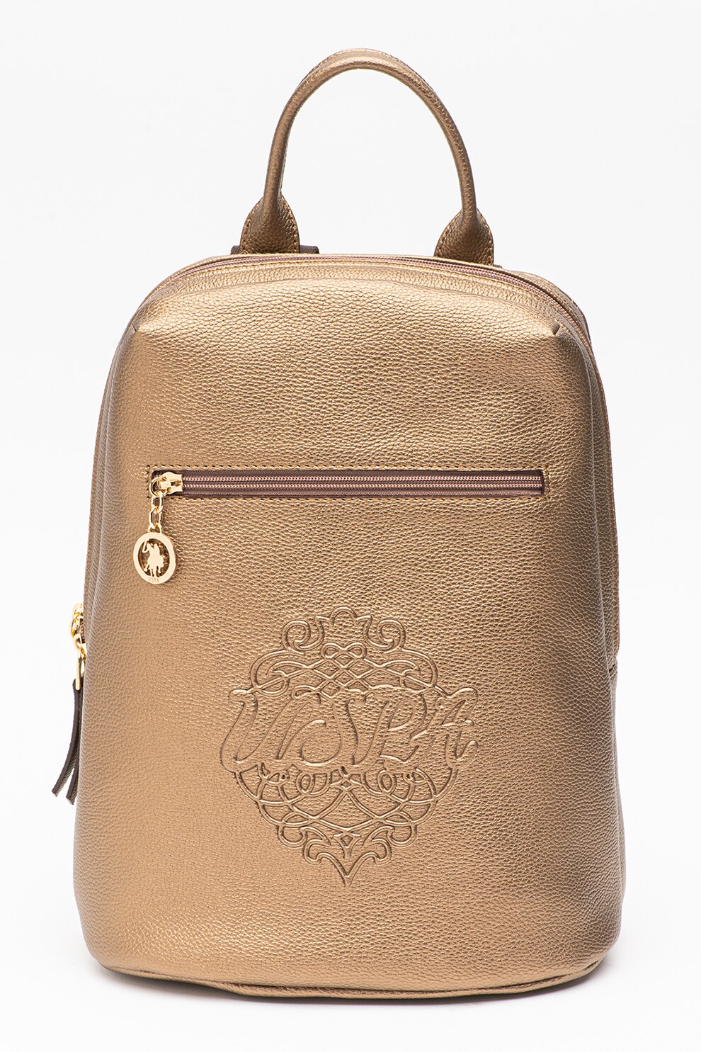 U.S. Polo Assn., Rucsac de piele ecologica cu logo in relief, Maro bronz