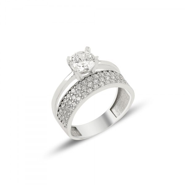 Inel argint 925 Eternity & Solitaire, cu 3 randuri de zirconii mici si o piatra mare, placat cu rodiu 15637