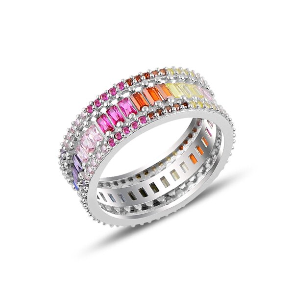 Inel argint Baguette cu zirconii multicolore, placat cu rodiu 15750