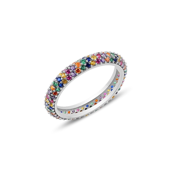 Inel argint Eternity cu 3 randuri de zirconii multicolore, placat cu rodiu 15728