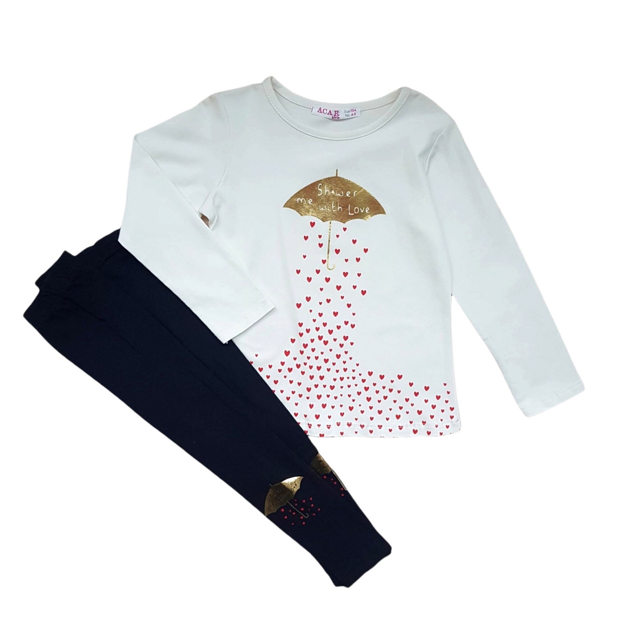 Compleu casual fetite 2 piese, inimioare, varsta 4 ani, 104 cm, Alb/Negru