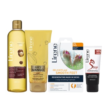 Set 4 produse Lirene pentru Exfoliere Corporala: Gel de dus Macadamia si Monoi, Exfoliant corporal Mango, sosete exfoliante, Crema-masca pentru picioare 30% uree stop descuamare Set 4 produse Lirene pentru Exfoliere Corporala: Gel de dus Macadamia si Monoi, Exfoliant corporal Mango, sosete exfoliante, Crema-masca pentru picioare 30% uree stop descuamare
