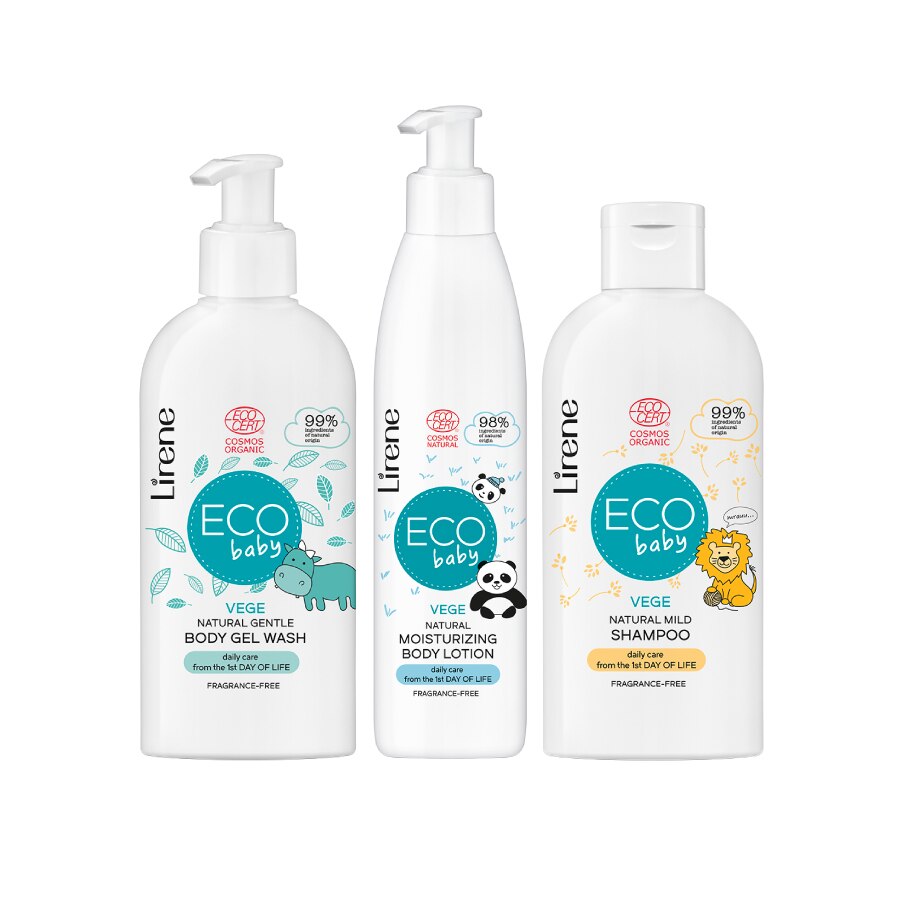 Set 3 produse Lirene Eco Baby Ingrijirea Copiilor Inca din Prima Zi de Viata, Gel de dus, Lotiune corp, Sampon fara lacrimi