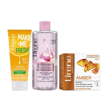 Set 3 produse Lirene pentru Ingrijirea tenului 40+, Apa micelara pentru ten matur, Gel de curatare Yuzu, Crema extract chihlimbar Set 3 produse Lirene pentru Ingrijirea tenului 40+, Apa micelara pentru ten matur, Gel de curatare Yuzu, Crema extract chihlimbar