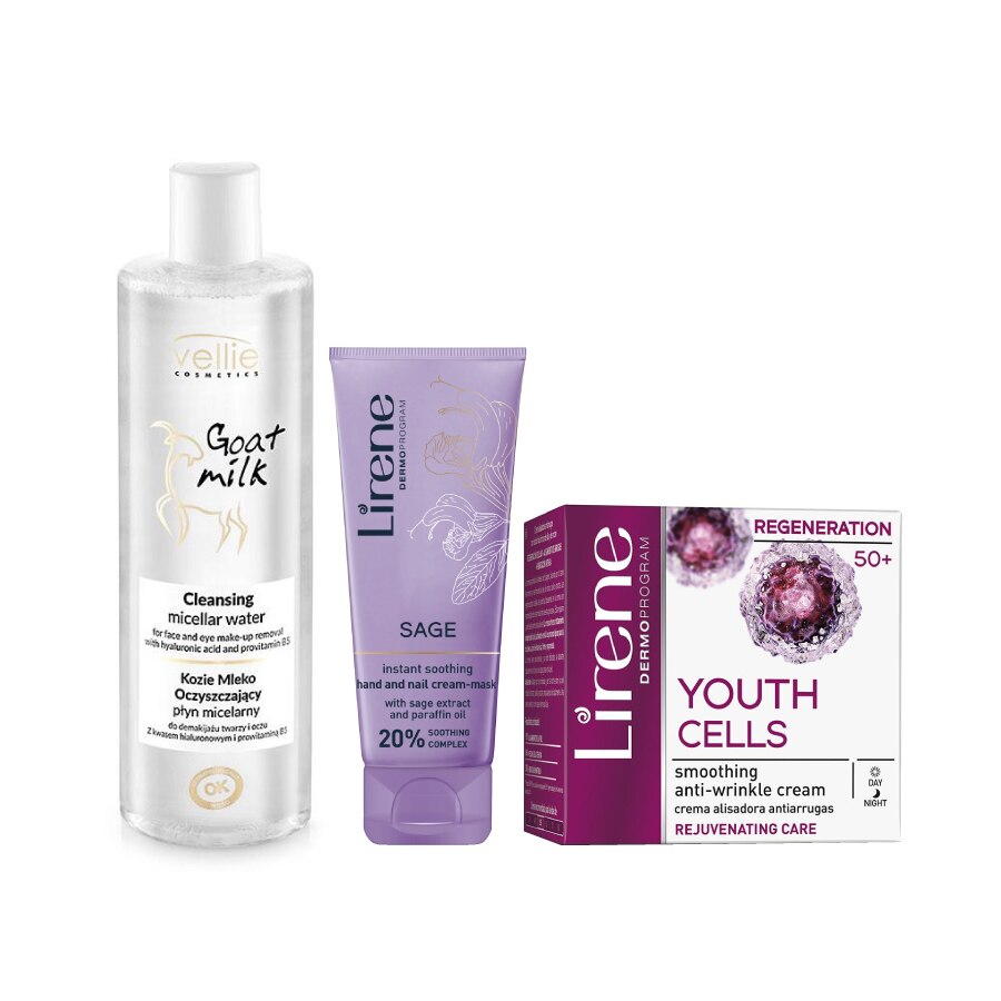 Set 3 produse Lirene pentru Ingrijirea 50+ , Apa micelara cu acid hialuronic, Crema de maini salvie, Crema de zi si noapte cu acid hialuronic