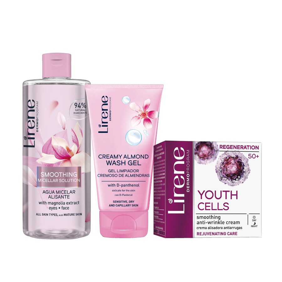 Set 3 produse Lirene Ingrijirea Tenului Matur: Apa micelara cu efect netezitor, Gel de curatare cu cu extract de migdale, Crema pentru zi si noapte cu acid hialuronic
