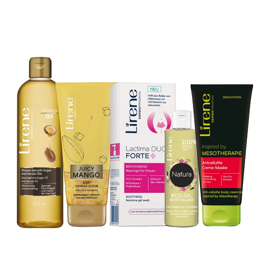 Set 5 produse Lirene Rutina Zilnica Pentru Ingrijirea Completa a Corpului, Ulei de dus hidratant cu argan si marula, Gel exfoliant corporal Juicy Mango, Gel intim Lactima Duo Forte, Ulei elixir pentru corp, Crema masca anticelulitica Mezoterapie
