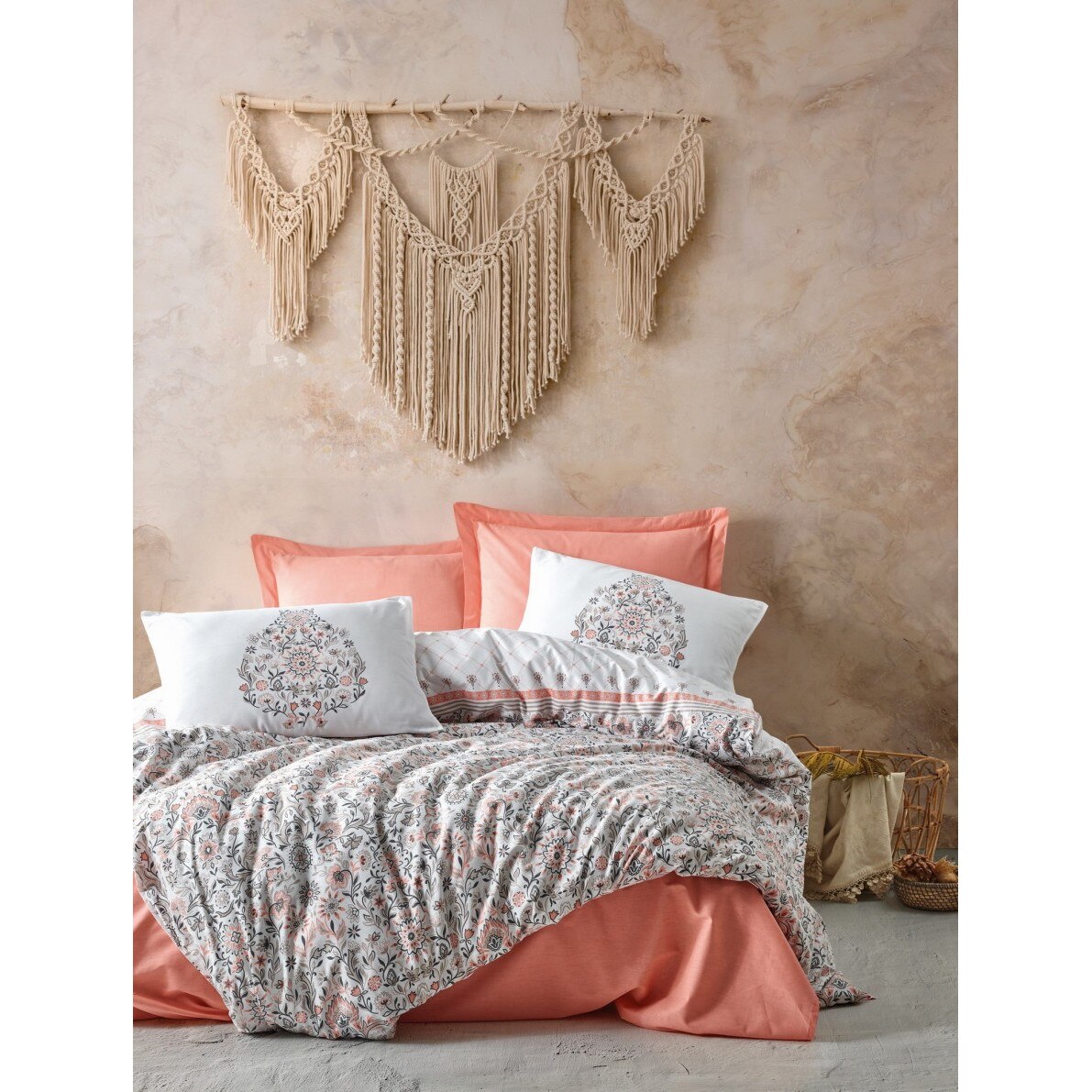 Set Lenjerie pat dublu bumbac 100% ranforce, 4 piese, 240x260 cm, Cotton Box, Oswin Salmon