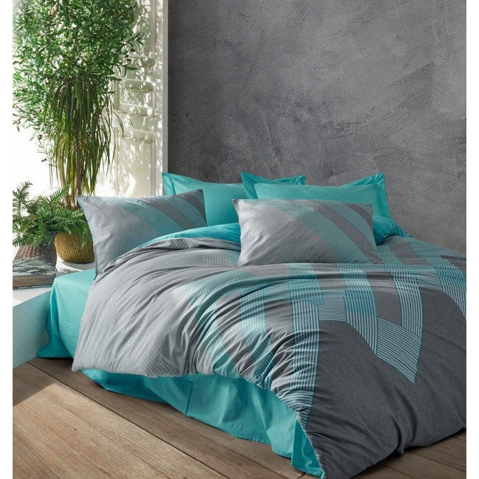 Set Lenjerie pat dublu bumbac 100% ranforce, 4 piese, 240x260 cm, Cotton Box, River Turcoaz
