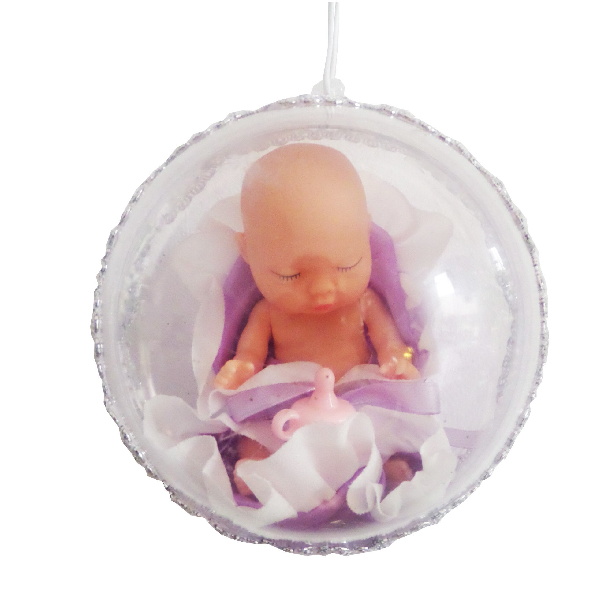Glob de Craciun cu Figurina 10 cm Bebe Adormit Mov cu Biberon Baietel
