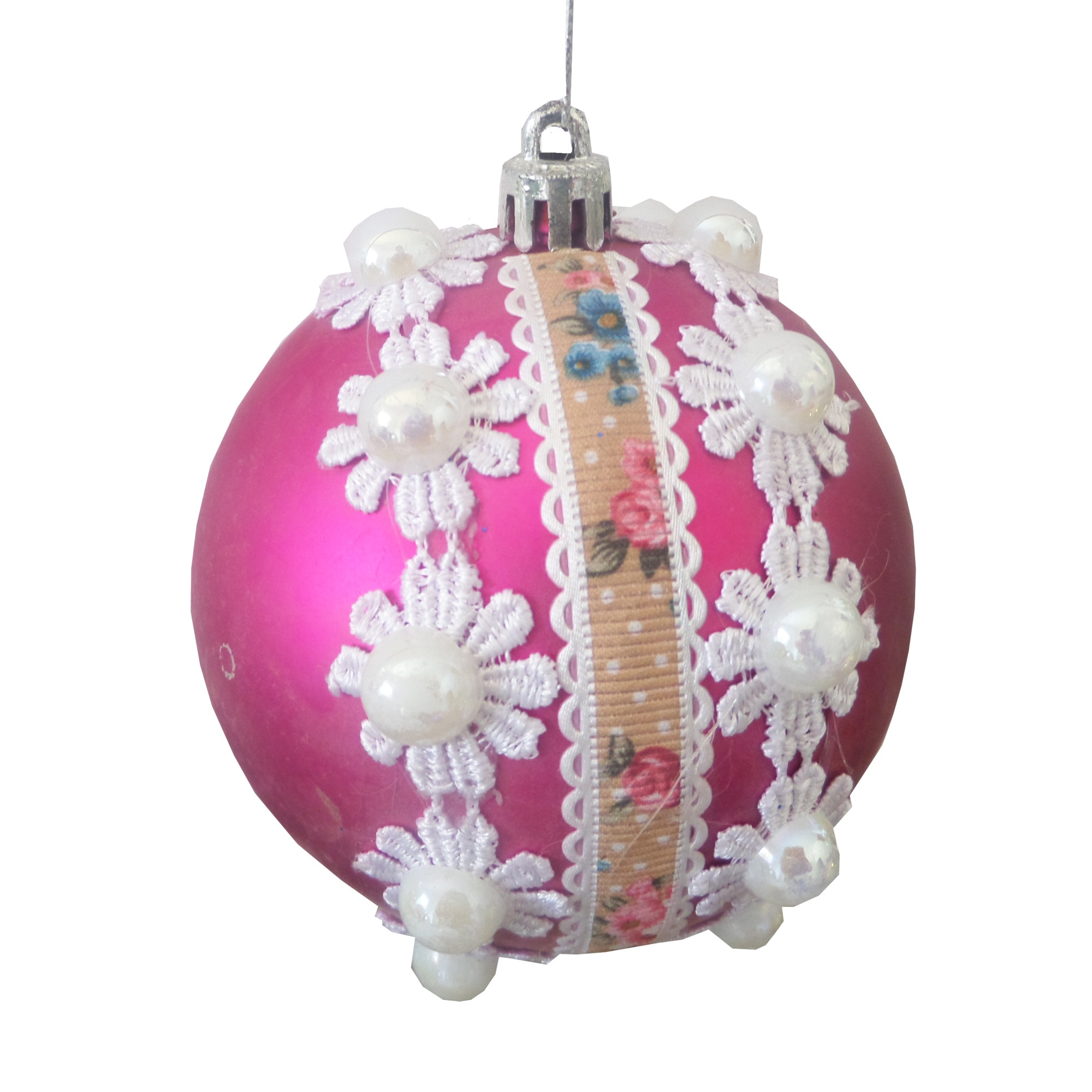 Glob de Craciun Roz Ticlam-Alb cu Flori si Perle Ornament Brad