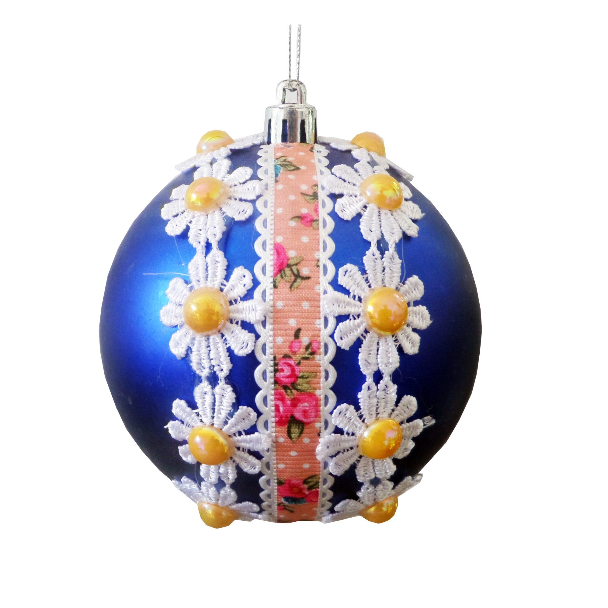 Glob de Craciun Albastru-Portocaliu cu Flori si Perle Ornament Brad