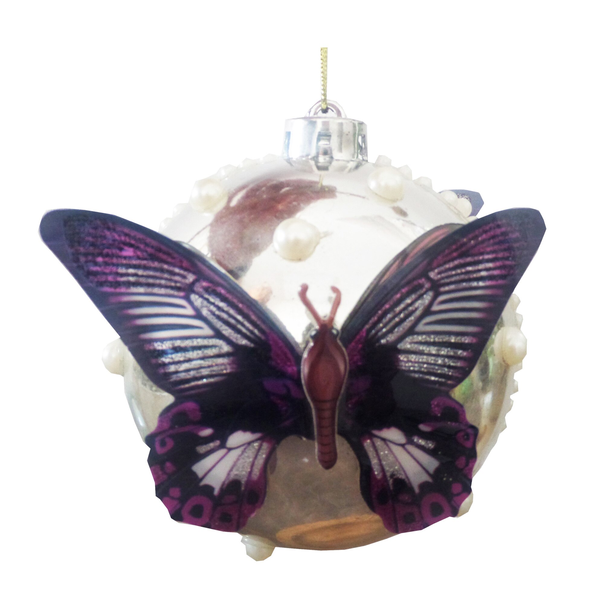 Glob de Craciun de 12 cm Argintiu-Mov cu Fluture si Perle Ornament Brad