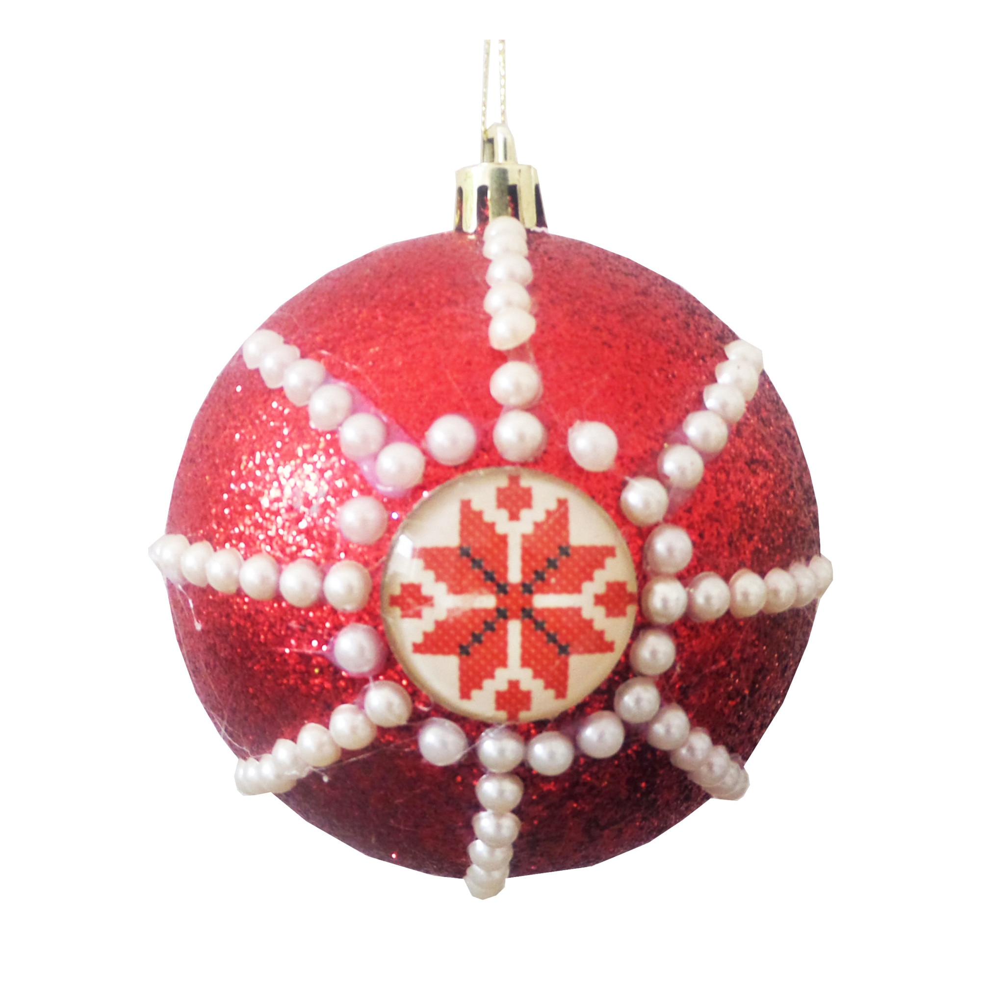 Glob de Craciun Rosu 10 cm cu Motive Traditionale Romanesti Cruce