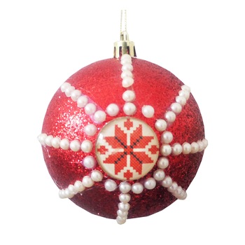 Glob de Craciun Rosu 10 cm cu Motive Traditionale Romanesti Cruce Glob de Craciun Rosu 10 cm cu Motive Traditionale Romanesti Cruce