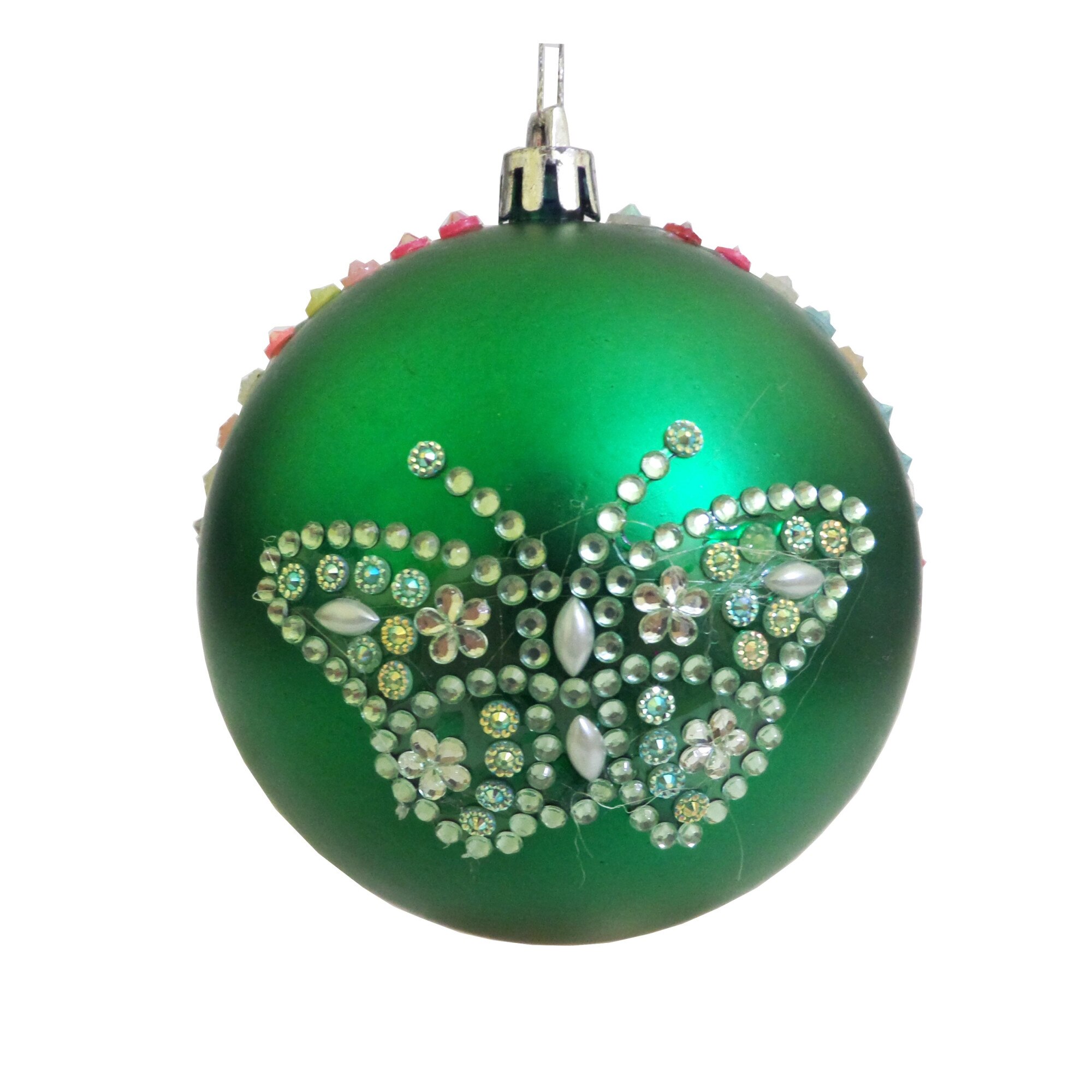 Glob de Craciun Verde-Alb 10 cm cu Fluture Strasuri Ornament Brad