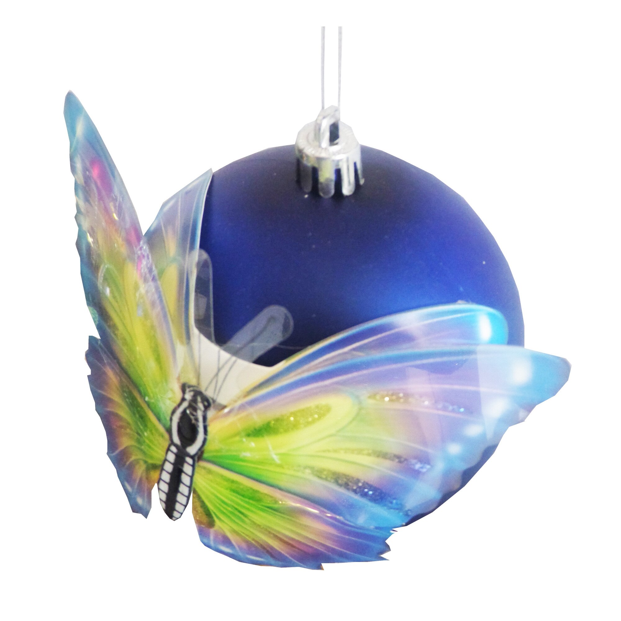 Glob de Craciun Albastru-Verde 10 cm Fluture Glitter 3D Ornament Brad