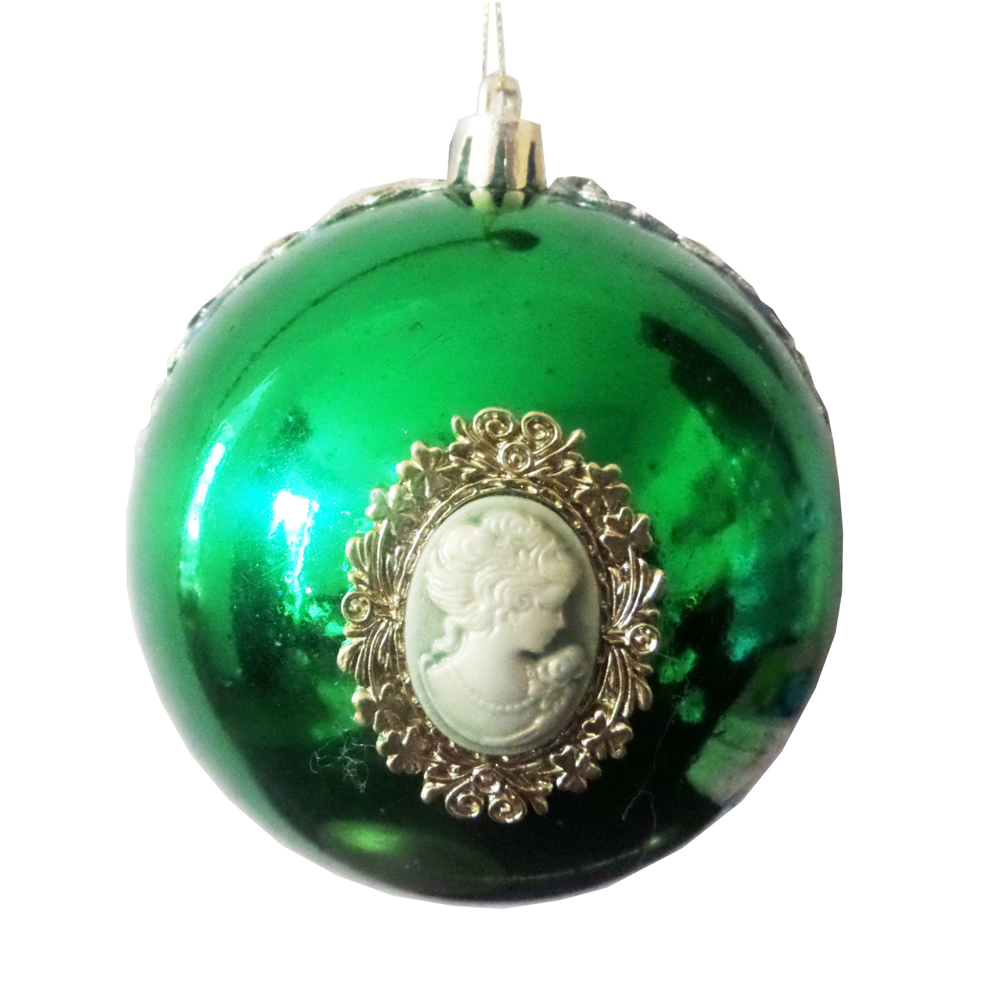 Glob de Craciun de 10 cm Verde Lucios cu Lady Camee Crem