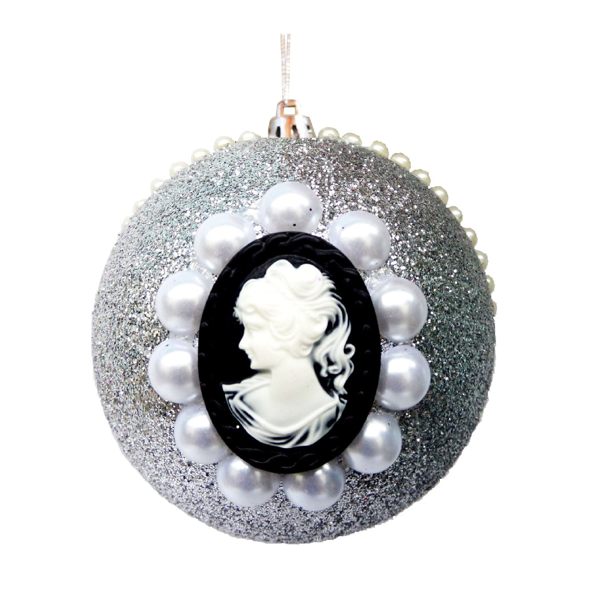 Glob de Craciun 10 cm Argintiu Glitter cu Lady Camee Neagra si Perle
