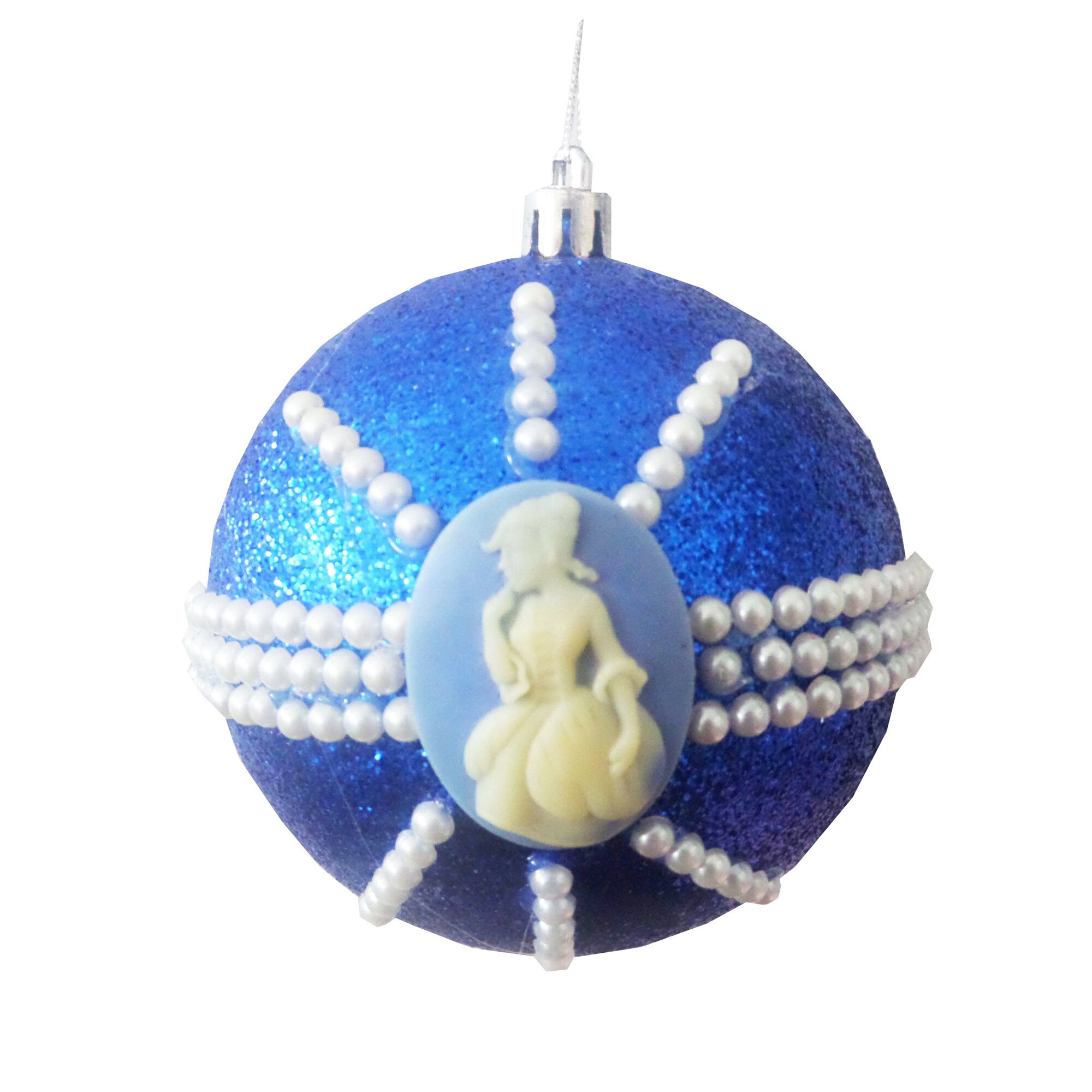 Glob de Craciun de 10 cm Albastru cu Lady Camee Vintage Crem