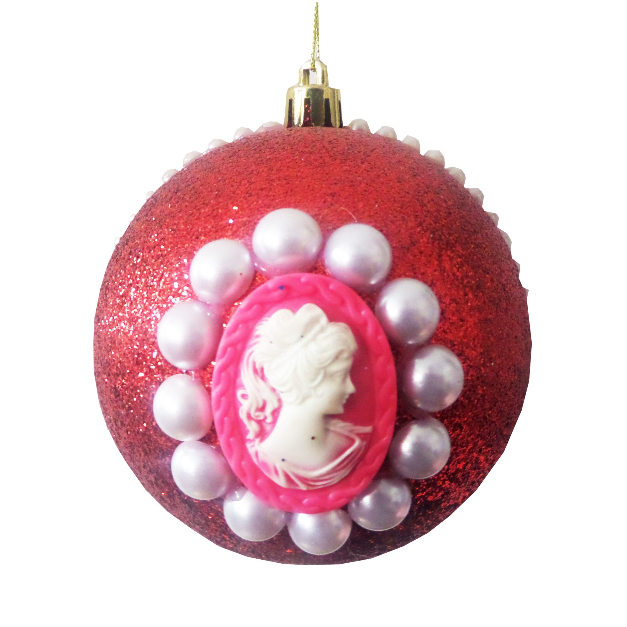 Glob de Craciun 10 cm Rosu Glitter cu Lady Camee Roz Ticlam si Perle