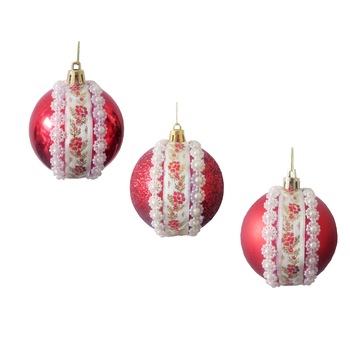 Set 3 Globuri Rosii de Craciun 8 mm Motive Taranesti Broderie Trandafiri si Perle Set 3 Globuri Rosii de Craciun 8 mm Motive Taranesti Broderie Trandafiri si Perle