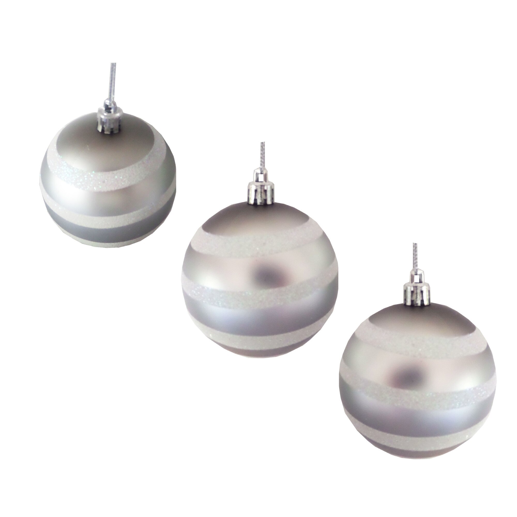 Set 3 Globuri de Craciun Argintiu-Alb cu Dungi 8 cm Ornamente Brad