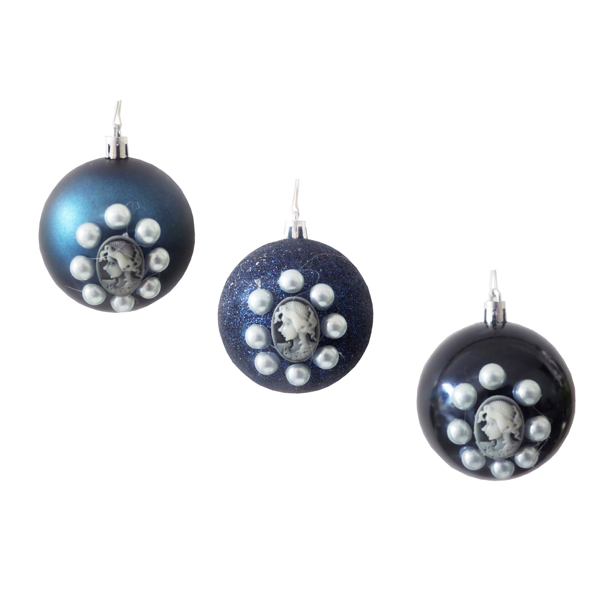 Set 3 Globuri Craciun de 8 cm Albastru-Gri cu Lady Camee Ornamente Brad