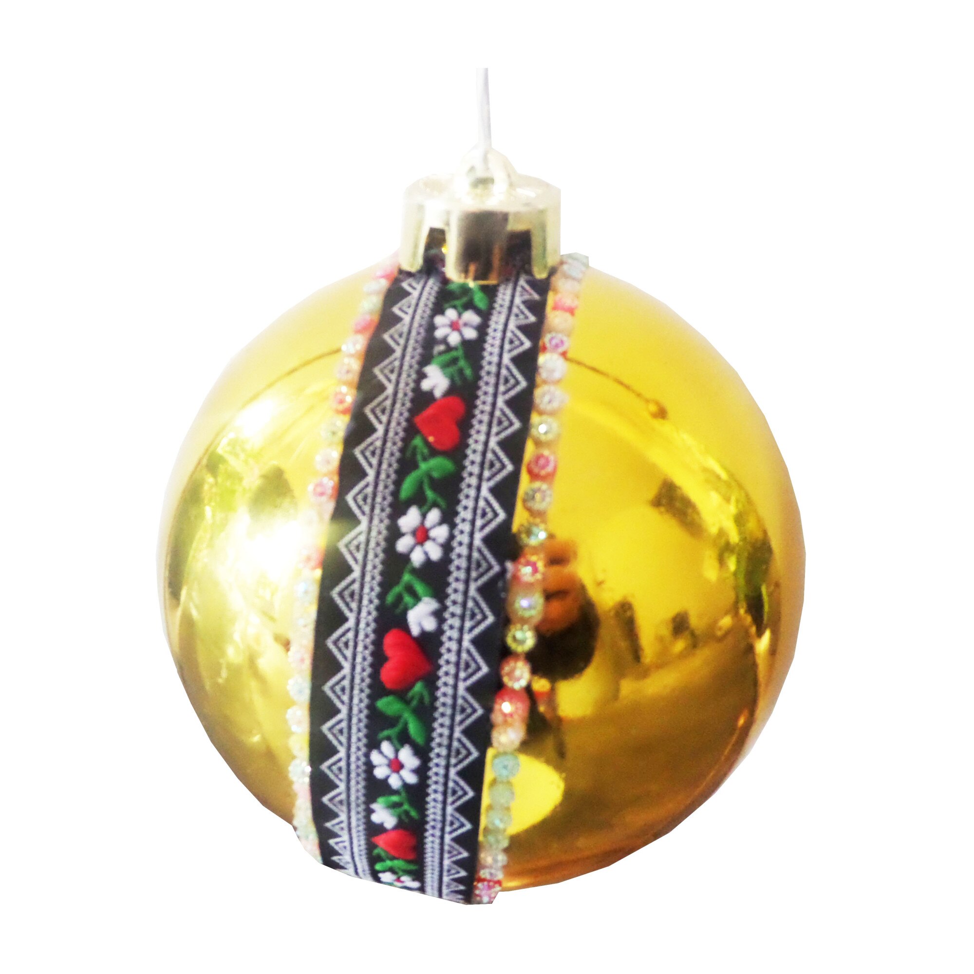Glob de Craciun 12 cm Auriu Lucios Motive Taranesti Broderie Inima Neagra