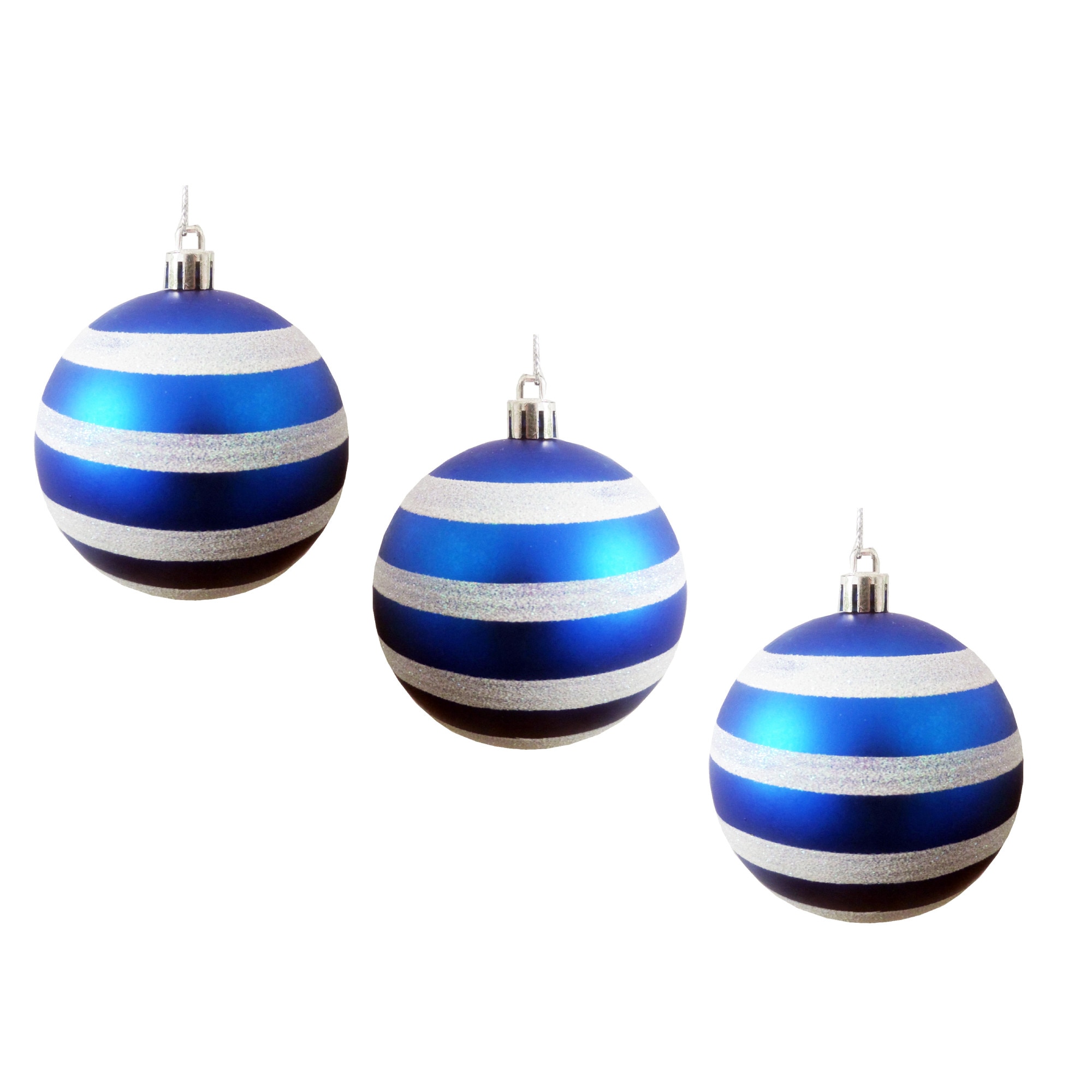 Set 3 Globuri de Craciun Albastru-Alb cu Dungi 8 cm Ornamente Brad