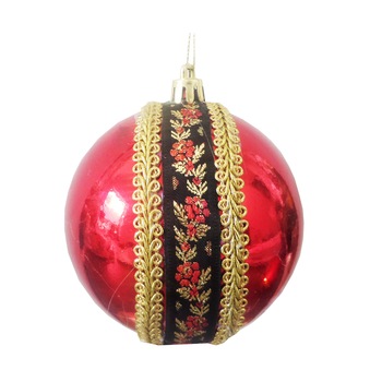 Glob de Craciun de 10 cm Rosu Lucios Motive Traditionale Trandafiri Rosii si Snur Glob de Craciun de 10 cm Rosu Lucios Motive Traditionale Trandafiri Rosii si Snur