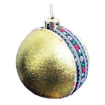 Glob de Craciun 12 cm Auriu cu Motive Traditionale Broderie Taraneasca Inima Neagra Glob de Craciun 12 cm Auriu cu Motive Traditionale Broderie Taraneasca Inima Neagra